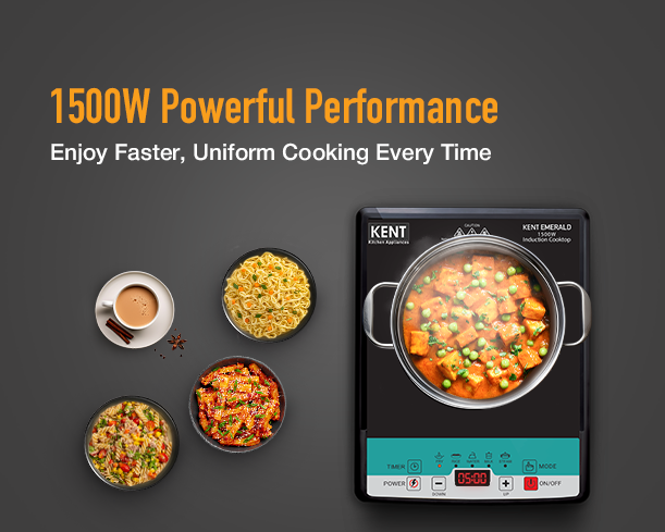 Kent Emerald induction cooktop with 1500W power, sleek black surface, touch controls, and digital display for modern cooking.