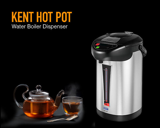 Kent Instant Hot Pot in white with digital control panel and transparent water reservoir, suitable for quick hot water servings.