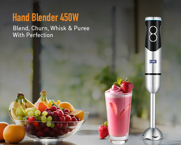 Kent SS Hand Blender 450W with stainless steel blending shaft and ergonomic handle for efficient mixing and blending.