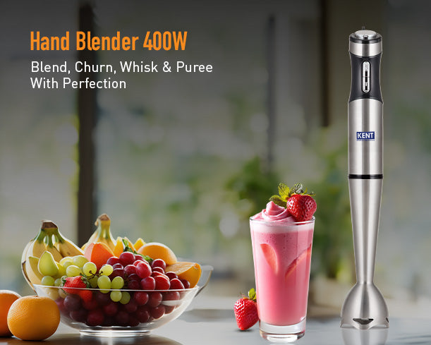 Kent Hand Blender with 400W motor, featuring stainless steel blending arm and ergonomic handle for efficient mixing and blending.