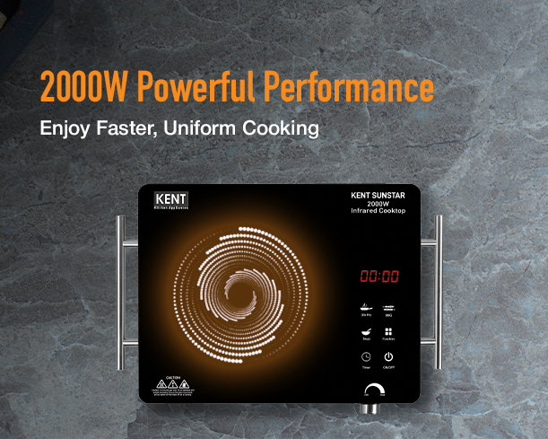 Kent Sunstar Infrared Cooktop with 2000W power, sleek black surface, and touch controls for efficient cooking.