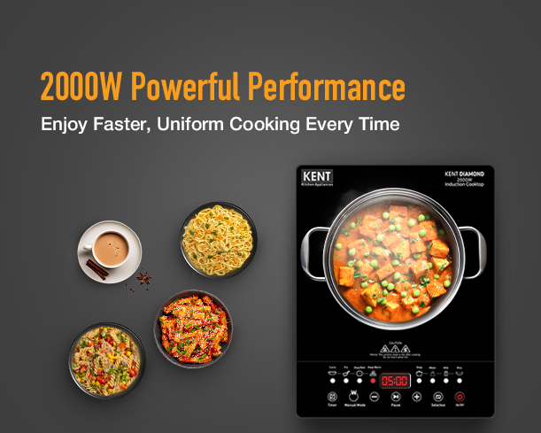 Kent Diamond induction cooktop with 2000W power, sleek black surface, touch controls, and durable build for efficient cooking.