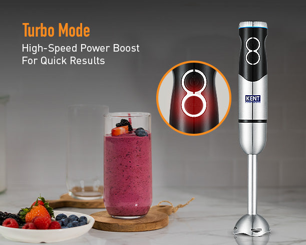 Kent SS Hand Blender 450W with stainless steel body and blending attachments, ideal for smoothies and soups.
