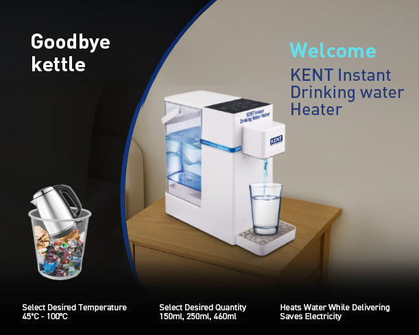 Kent RO Systems Instant Drinking Water Heater showing a compact, wall-mounted water heating device with control buttons and display.