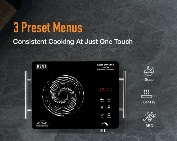 Kent Sunstar Infrared Cooktop displaying three preset cooking menus on its digital control panel.