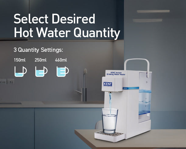Kent RO Systems Instant Drinking Water Heater showing a compact, white water heater with control buttons for instant hot water.