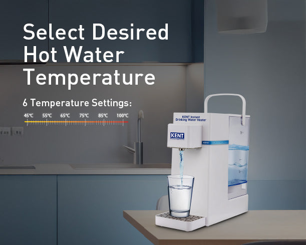 Kent RO Systems instant drinking water heater showing a sleek white appliance with digital controls on a kitchen countertop.