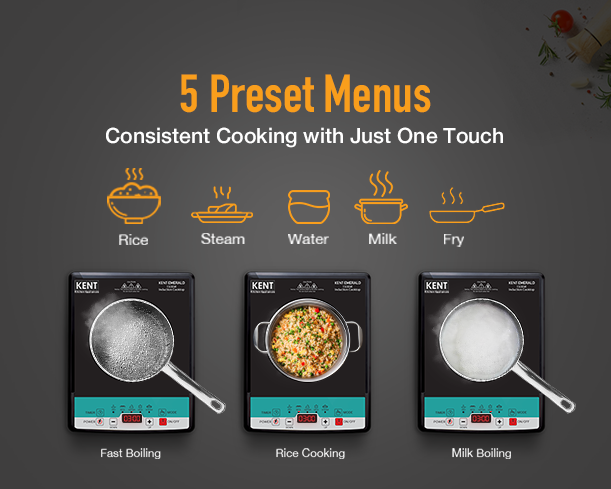 Kent Emerald induction cooktop with five preset menu options, featuring a sleek black surface and digital control panel.