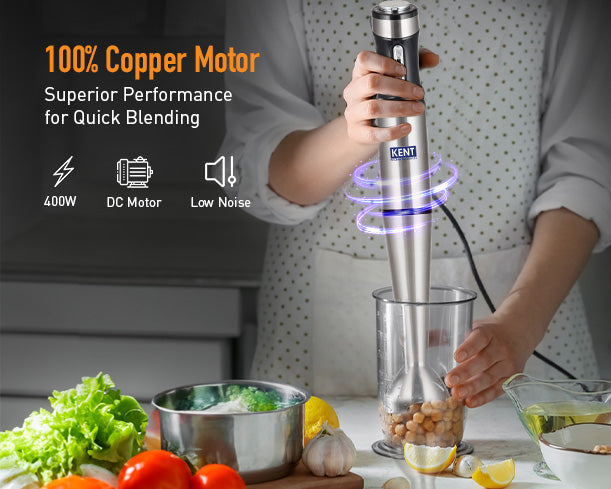 Kent Hand Blender 400W with stainless steel blending arm and ergonomic handle, ideal for smoothies and soups