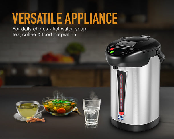 Kent Instant Hot Pot showing a sleek black kitchen appliance with digital controls and a transparent water container.