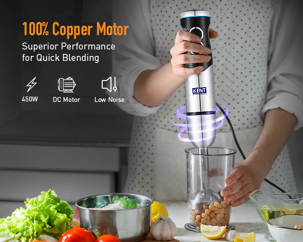 Kent SS Hand Blender 450W with stainless steel body and blending attachments for versatile kitchen use