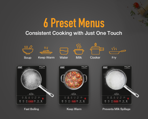 Kent Star Induction Cooktop with six preset menus, digital controls, and sleek black surface for efficient cooking.