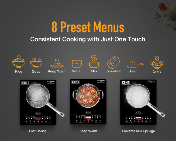 Kent Diamond induction cooktop displaying 8 preset cooking menus on a sleek black surface with digital control panel.