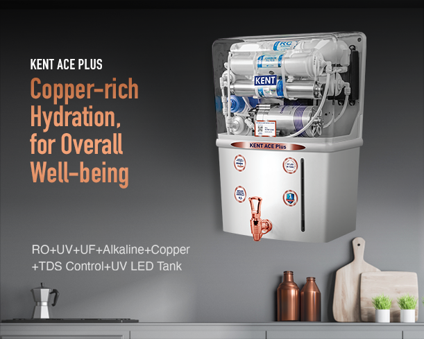 Kent Ace Plus water purifier with digital display and sleek design, showcasing the Kent RO Systems brand logo.