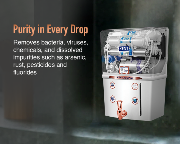 Kent Ace Plus water purifier with sleek design and digital display, part of Kent RO Systems' advanced water filtration appliances.