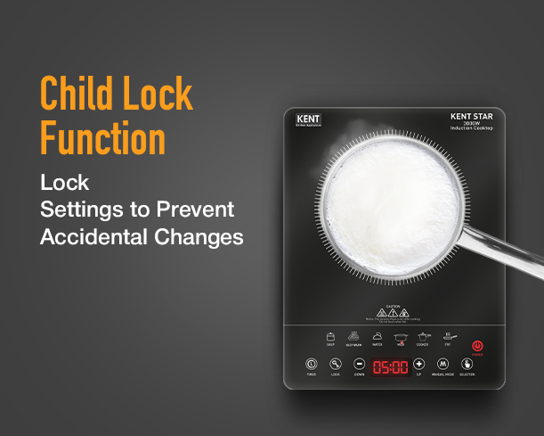 Child lock function button on Kent Star Induction Cooktop for safe and secure cooking operation.