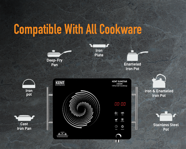 Kent Sunstar Infrared Cooktop compatible with all cookware, featuring a sleek black surface and touch control panel.
