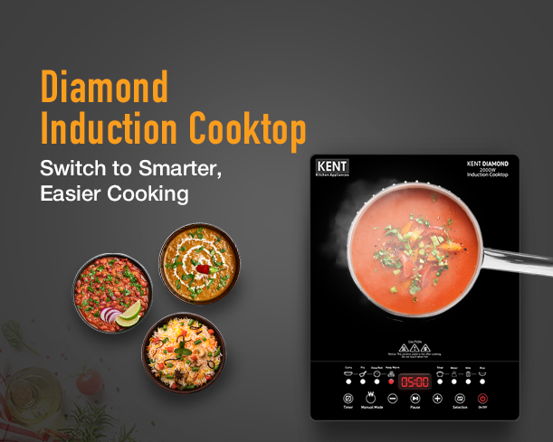 Kent Diamond induction cooktop with sleek black surface and touch controls, designed for efficient cooking.