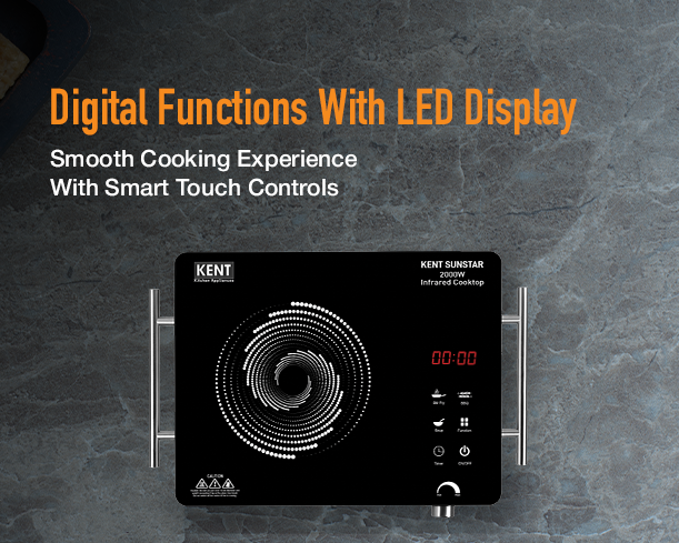 Kent Sunstar infrared cooktop with digital controls and LED display showing temperature and power settings.