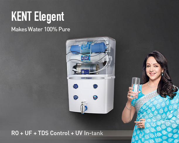 White Kent Elegant RO Water Purifier with sleek design, featuring a modern touch control panel and clear water storage tank.