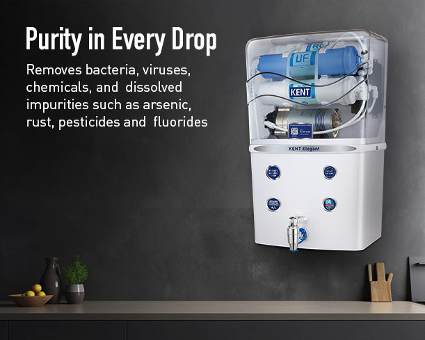 White Kent Elegant RO water purifier with sleek design and digital display, showcasing its modern, compact water filtration system.