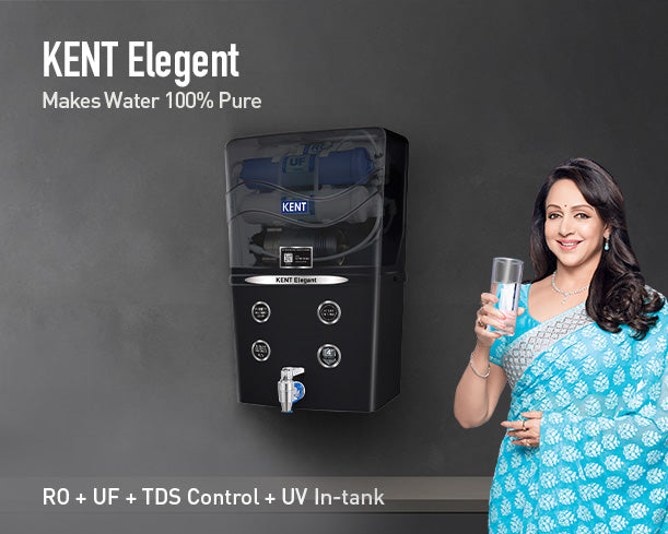 Black Kent Elegant RO Water Purifier with sleek design and digital display for clean, purified drinking water.