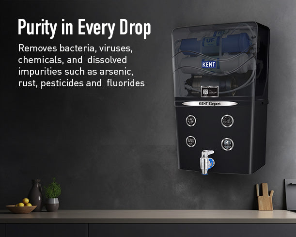 Elegant black Kent RO Systems water purifier with sleek design, featuring a modern appearance and clear water outlet area.