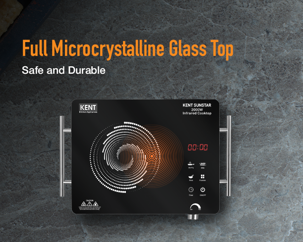 Kent Sunstar Infrared Cooktop with a sleek full microcrystalline glass top for efficient and modern cooking.