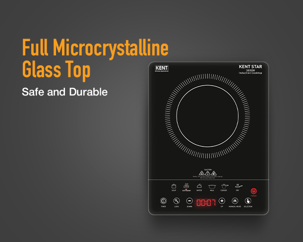 Kent Star Induction Cooktop with full microcrystalline surface, sleek design, and touch controls for efficient cooking.
