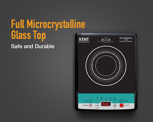 Kent Emerald induction cooktop with full-microcrystalline surface, featuring touch controls and sleek modern design.