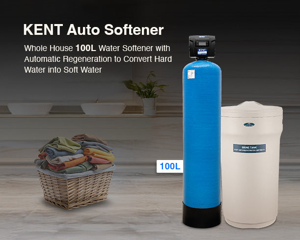 Kent Automatic 100L water softener unit by Kent RO Systems, showing the sleek, compact design with control panel and softening tank.