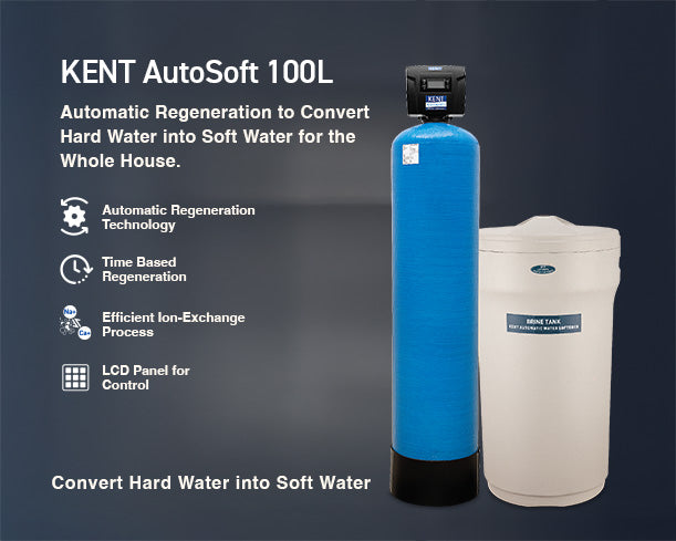 Kent Automatic Water Softener 100L shows a sleek white unit with control panel and inlet/outlet connections for softening hard water.