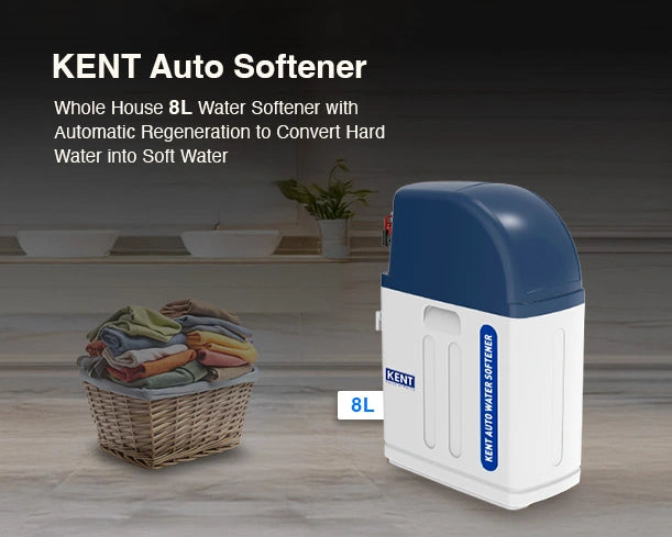 Kent Automatic Water Softener 8L showing the compact device with digital controls and softening resin tank.