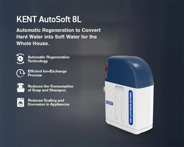 Kent automatic water softener 8L unit, compact design, with control valve and softening resin tank for household use