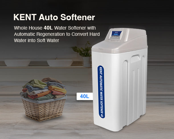 Kent automatic water softener with a 40L capacity, featuring a compact design for effective hard water treatment.