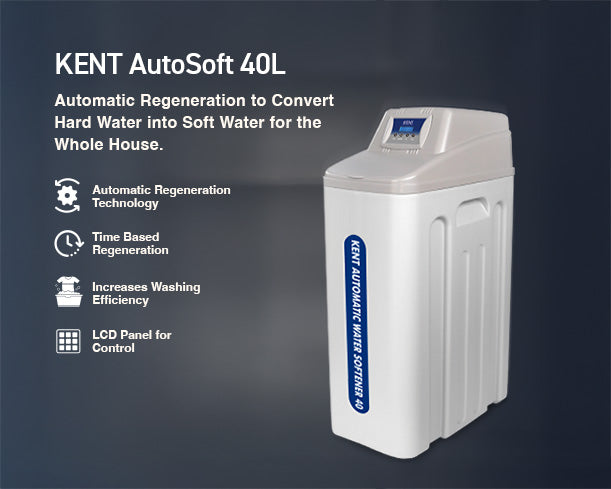 Kent Automatic Water Softener 40L, compact device with control valves and softening resin tank, designed for household water treatment.