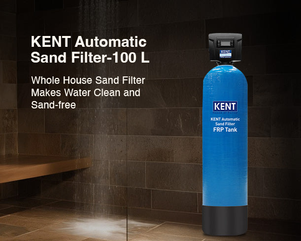 Kent automatic sand filter for water purification, featuring a 100-liter capacity, used for filtering and clarifying water.