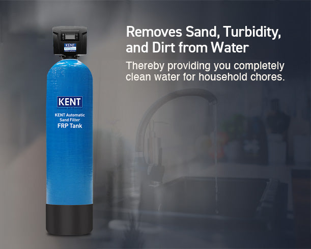 Kent automatic sand filter for water filtration, 100 L capacity, used in water purification systems, with a clear view of the filter unit.