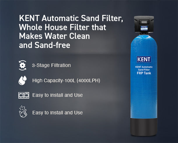 Kent automatic sand filter for water purification, 100 L capacity, featuring clear view of the filter tank and control valve.
