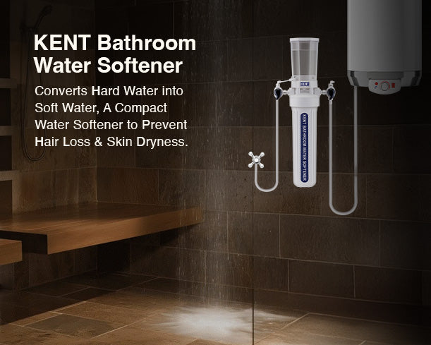 Kent bathroom water softener unit installed, showing compact design and control panel for softening hard water in the bathroom.