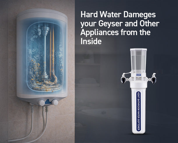 Kent bathroom water softener unit installed in a modern bathroom setting, showcasing its compact design and control panel.