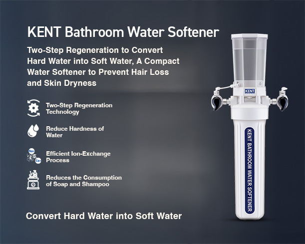 Kent bathroom water softener unit installed, showing control panel and softening resin tank for reducing hard water minerals.