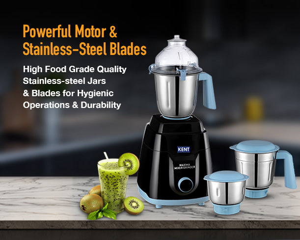 Kent Maxima Mixer Grinder with three stainless steel jars, featuring ergonomic handles and sleek design for efficient blending.