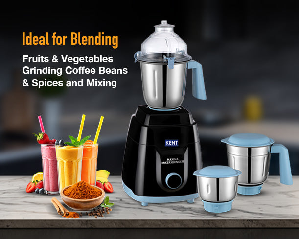 Kent Maxima Mixer Grinder with stainless steel jars and multiple speed settings, perfect for versatile kitchen blending and grinding tasks.