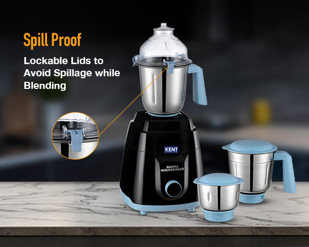 Kent Maxima Mixer Grinder with multiple jars and stainless steel blades, showcasing its compact and modern design.