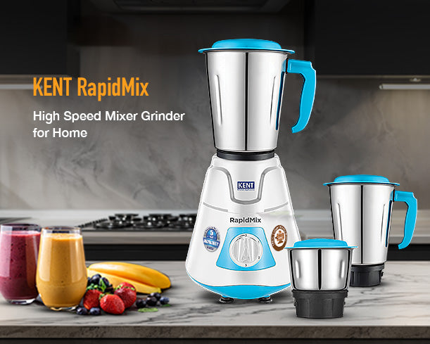 Kent RapidMix Mixer Grinder with stainless steel jars and control knobs, designed for efficient blending and grinding.