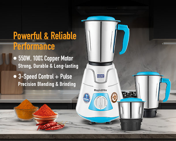 Kent RapidMix Mixer Grinder with stainless steel jars and multiple speed settings, ideal for blending and grinding tasks.