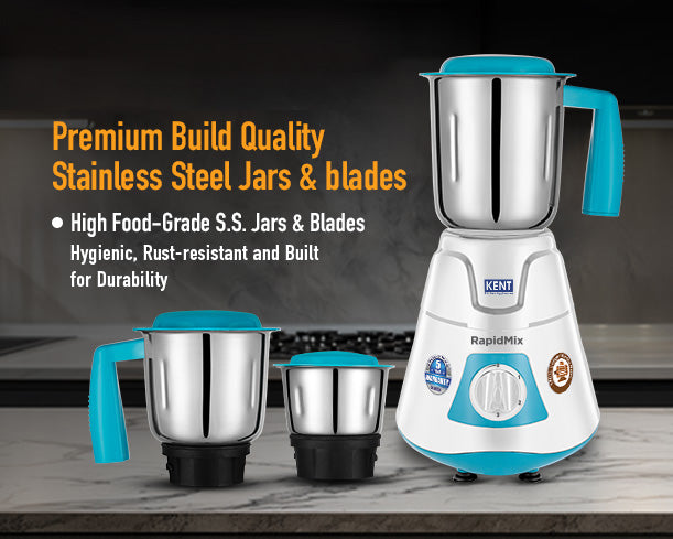 Kent RapidMix mixer grinder with stainless steel jars and multiple speed settings, designed for efficient blending and grinding.