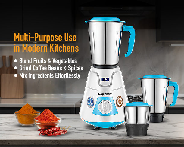 Kent RapidMix Mixer Grinder with stainless steel jars, showcasing multiple blending attachments and modern design.