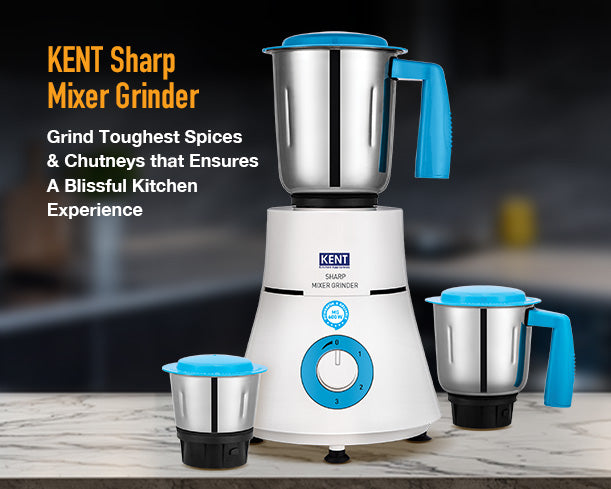 Kent Sharp Mixer Grinder with stainless steel jars and black body, featuring multiple speed settings and durable design.